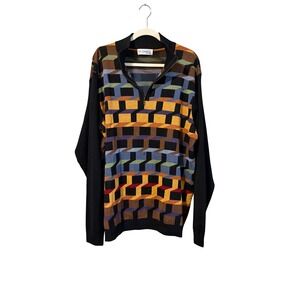 St Croix Shop Mens XL Long(tall)1/4 Zip Sweater Geometric 3D Cube Pattern Black